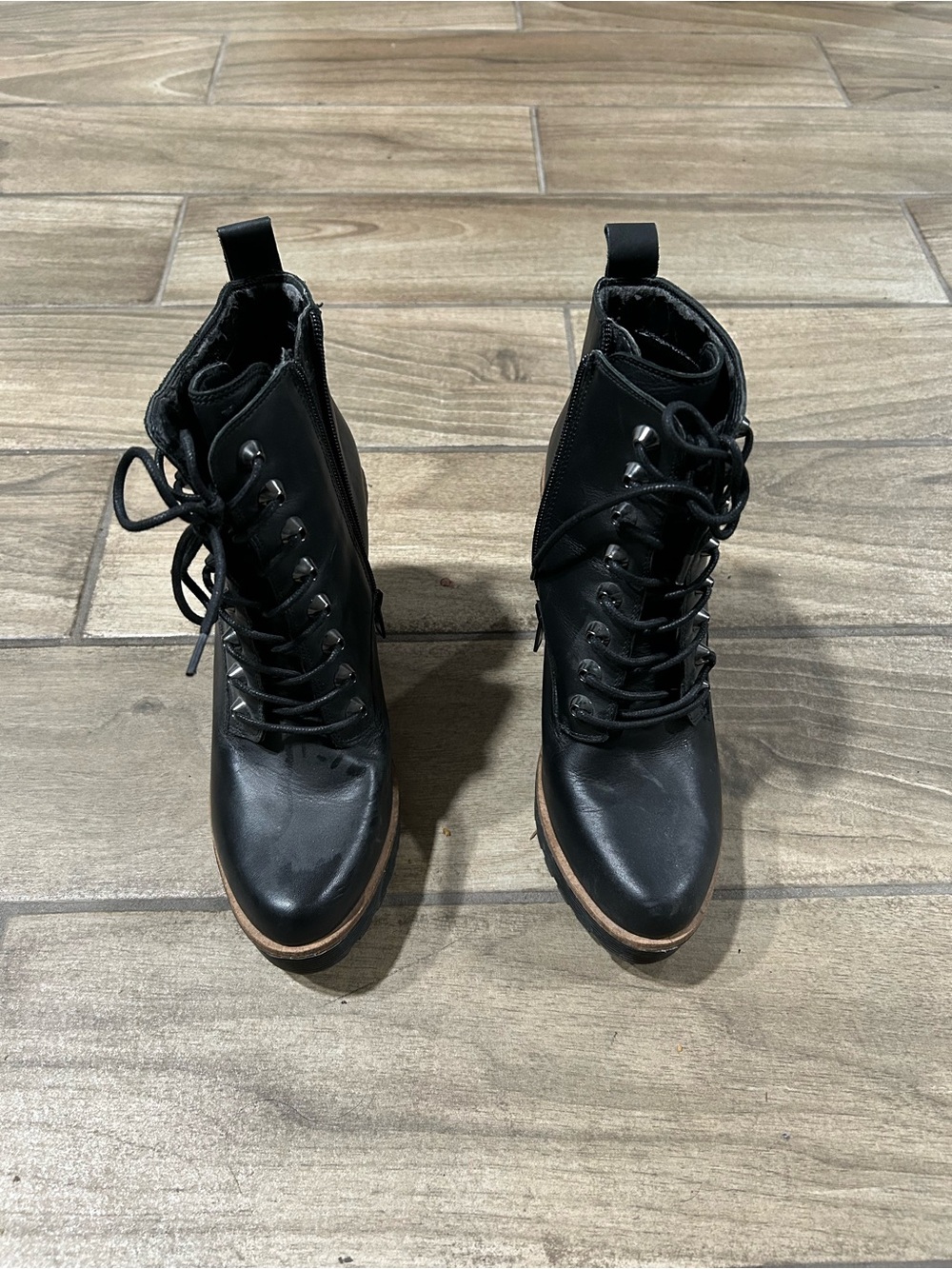 Womens Lace-Up Black Combat Boots with Brown Trim